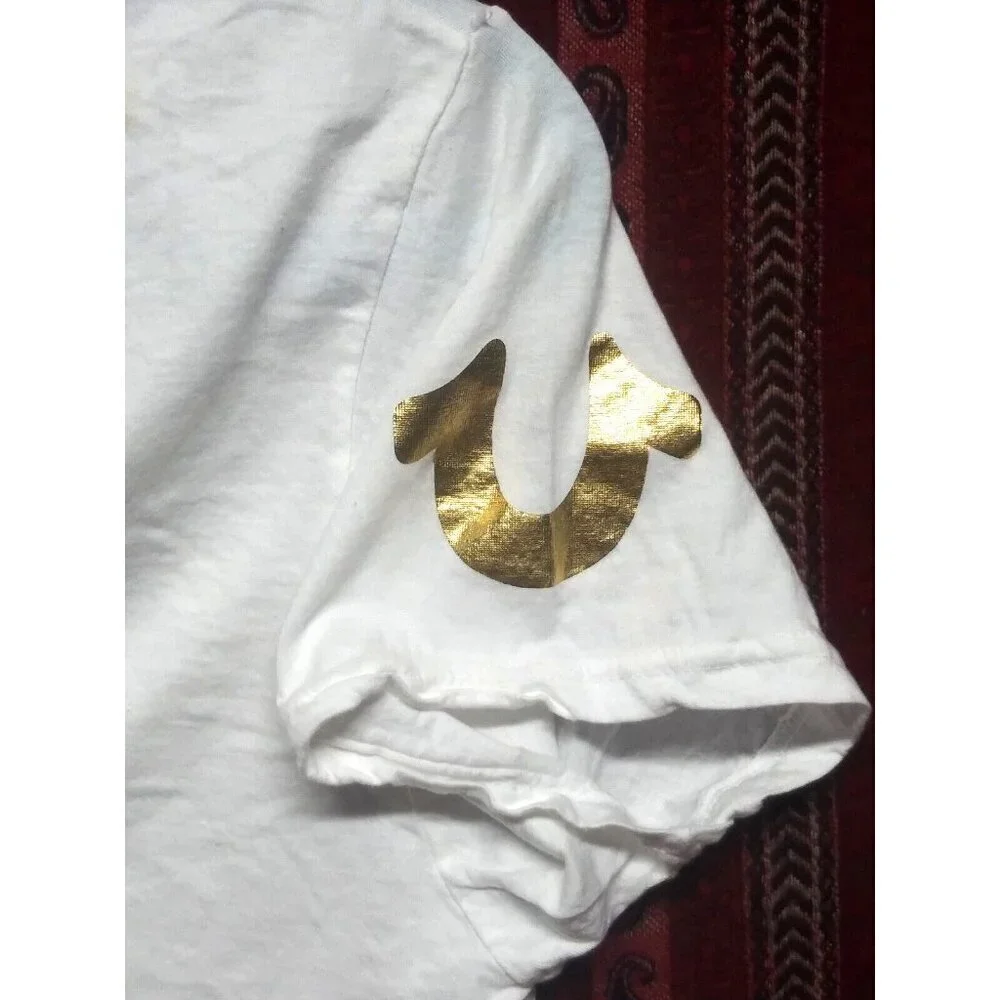 True Religion Brand Jeans T-Shirt Large white & Metallic Gold cotton short slv